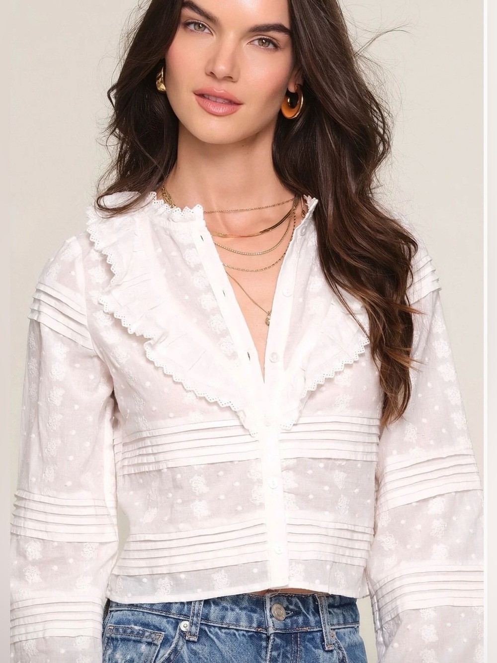 Heartloom | White Romy Button Down Ruffle Top, XS - Picture 2 of 8